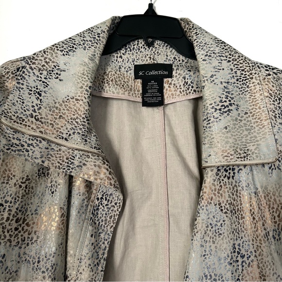 SC Collection Beige Gold Blue Linen Animal Print Jacket Metallic Zipper Size 14 - Picture 4 of 10